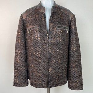 Chico's Jacket 3 Women's XL Tweed Brown Bronze Metallic Full-Zip